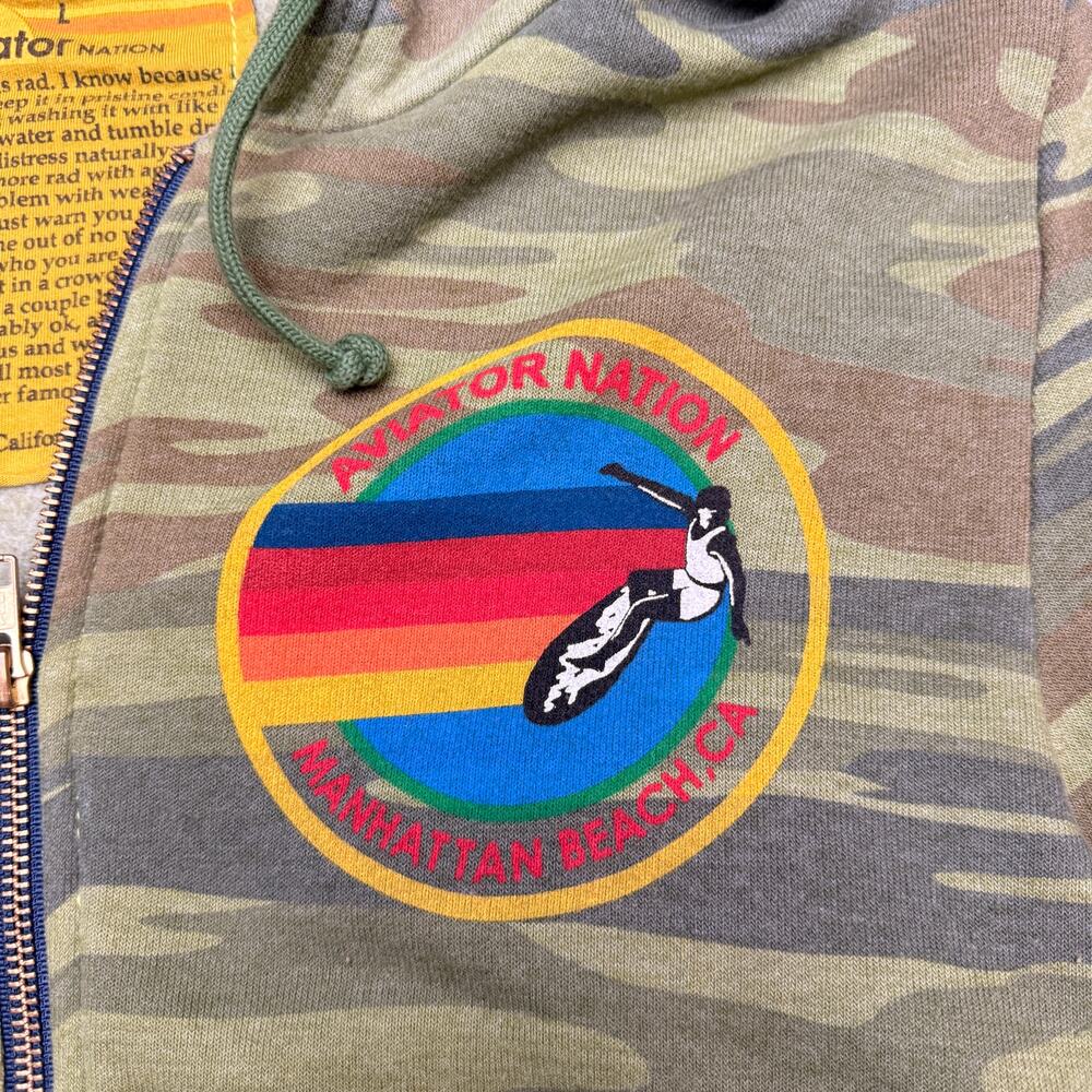 Aviator Nation Manhattan Beach CA Big Logo Camo Full Zip Hoodie Women's Large - Picture 5 of 9